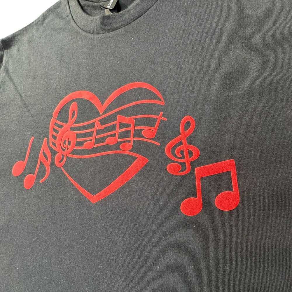 T-Shirt with Red Heart and Music Notes Print,Music Lover Tee